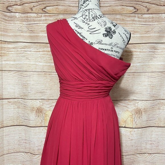 After Six Parisian Red K505 One Shoulder Chiffon Shirred Front Slit Maxi Gown‎ - Picture 8 of 9